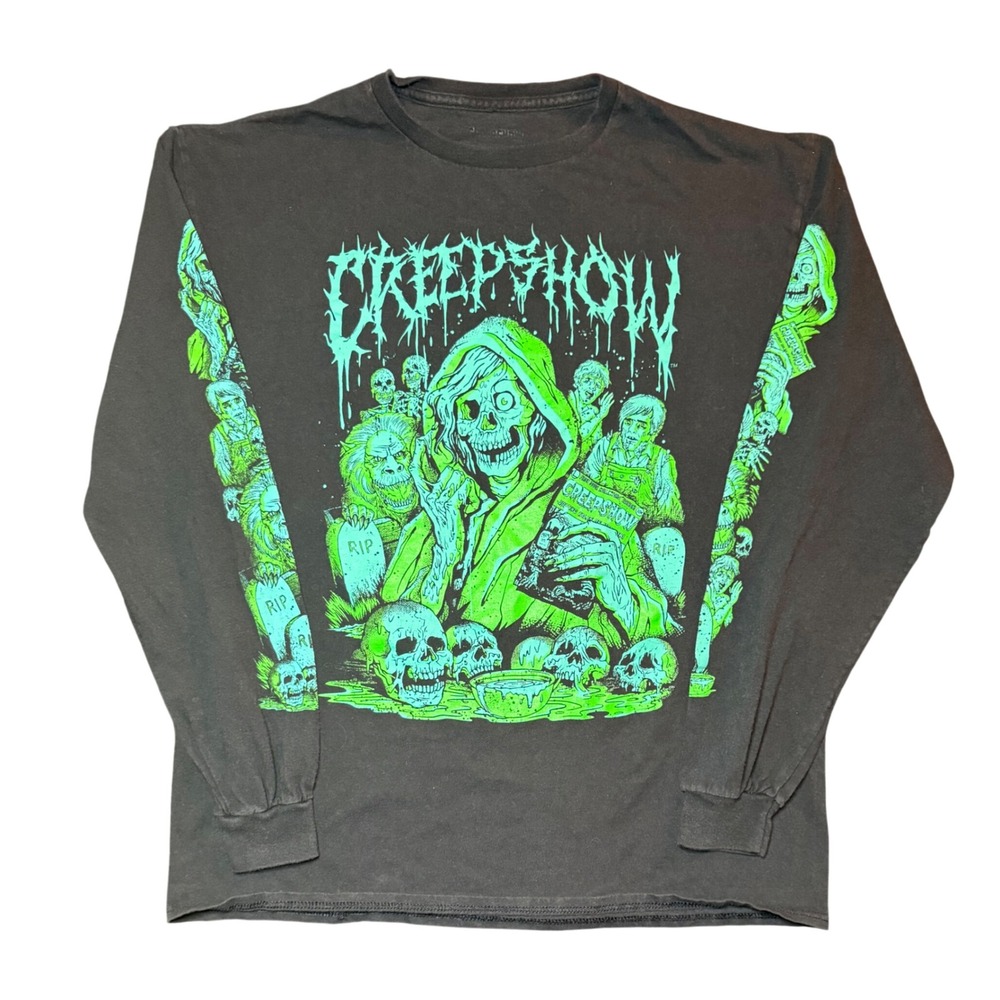 Creepshow Horror Graphic Long Sleeve Shirt Mens Large Black Neon Green Skulls